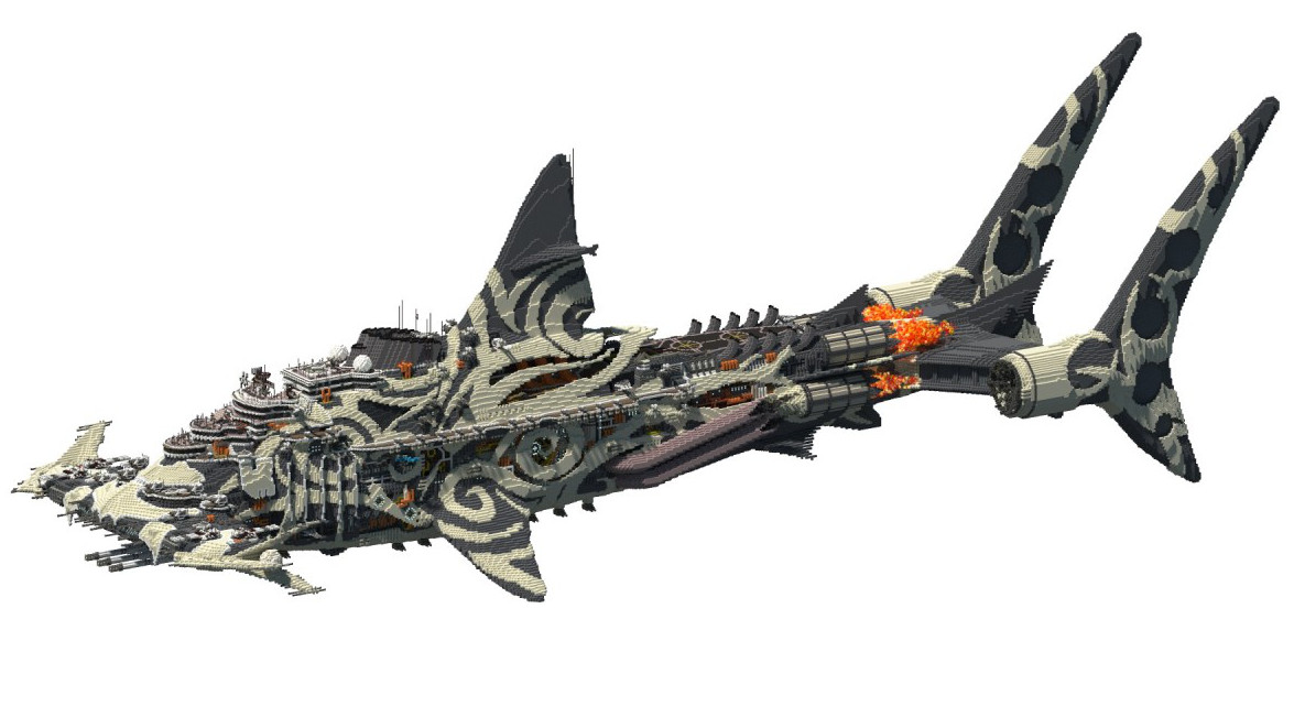 Uma base naval-tubarão em blocos de Minecraft