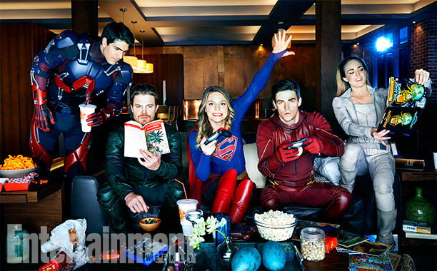 DC Superheroes
L to R: Melissa Benoist (Supergirl), Stephen Amell (Green Arrow) and Grant Gustin (The Flash) 
Vancouver, British Columbia, Canada - October, 27, 2016

Photograph by Art Streiber