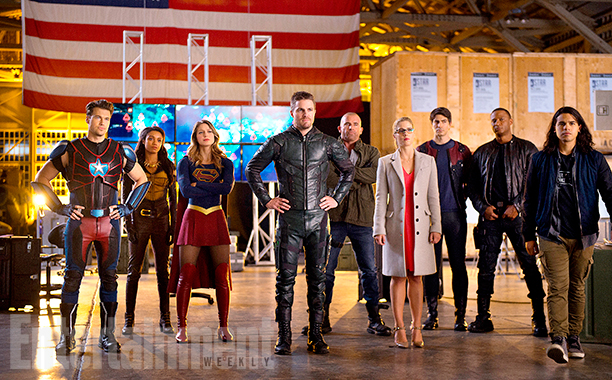 DC's Legends of Tomorrow
Season 2, Episode 7 - "Invasion"
(L-R): Nick Zano as Nate Heywood/Steel, Maisie Richardson- Sellers as Amaya Jiwe/Vixen, Melissa Benoist as Kara/Supergirl, Stephen Amell as Oliver Queen, Dominic Purcell as Mick Rory/Heat Wave, Emily Bett Rickards as Felicity Smoak, Brandon Routh as Ray Palmer/Atom, David Ramsey as John Diggle and  Carlos Valdes as Cisco Ramon