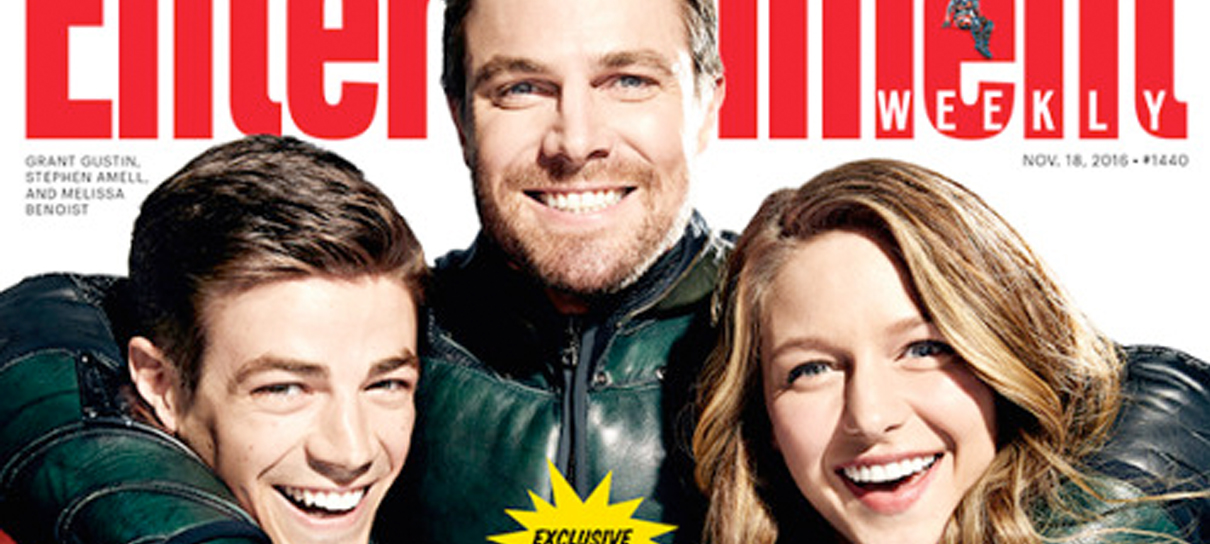 Arrow, Flash e Supergirl se abraçam em capa de revista