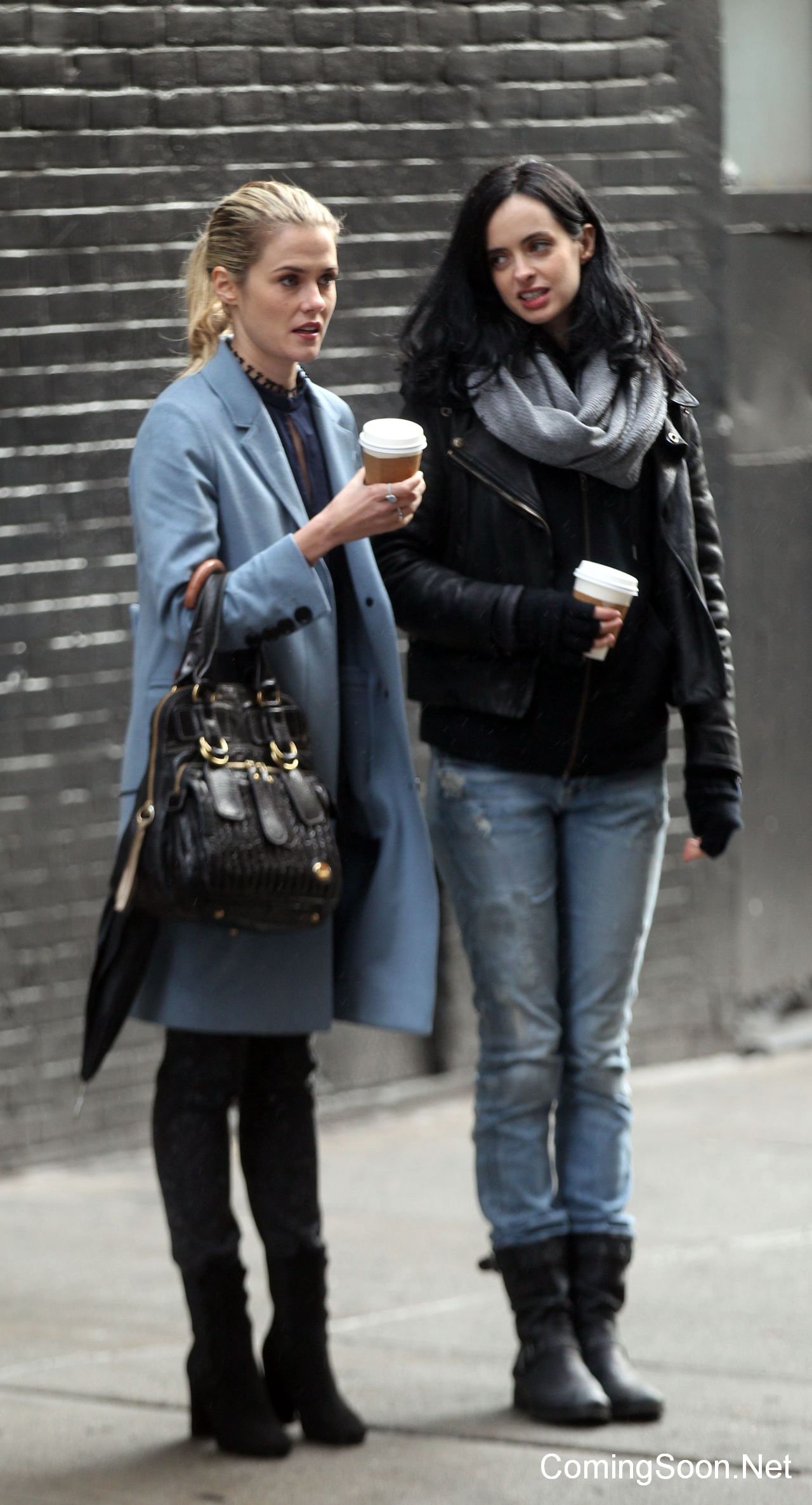 NEW YORK, NY - NOVEMBER 15:  Krysten Ritter (L) and Rachael Taylor filming Marvel's "The Defenders" on November 15, 2016 in New York City.  (Photo by Steve Sands/GC Images)
