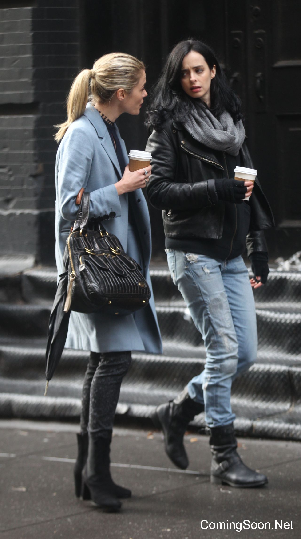 NEW YORK, NY - NOVEMBER 15:  Krysten Ritter (L) and Rachael Taylor filming Marvel's "The Defenders" on November 15, 2016 in New York City.  (Photo by Steve Sands/GC Images)