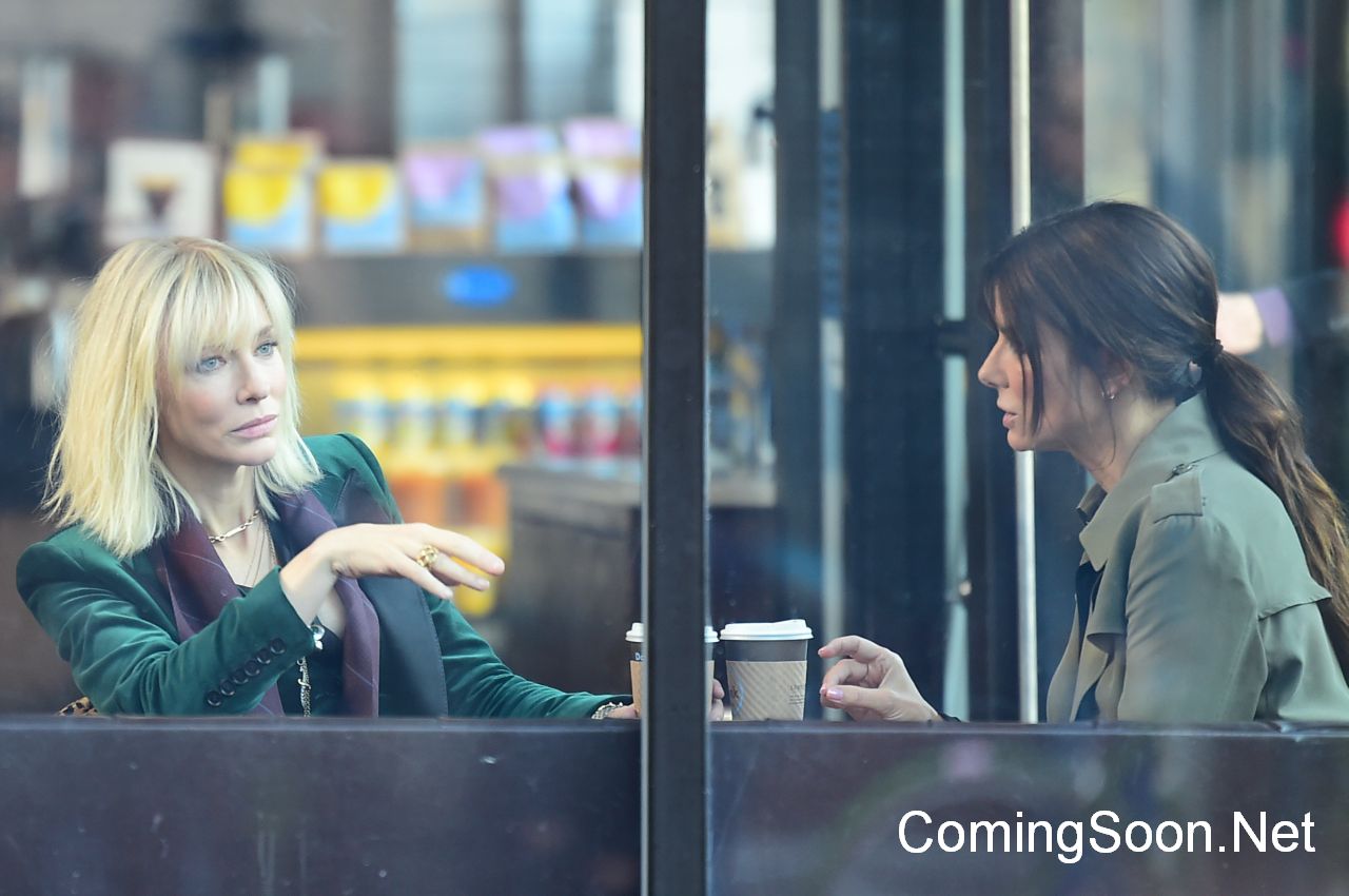 NEW YORK, NY - OCTOBER 24:  Actresses Cate Blanchett and Sandra Bullock are seen on the set of "Ocean's Eight" on October 24, 2016 in New York City.  (Photo by Raymond Hall/GC Images)