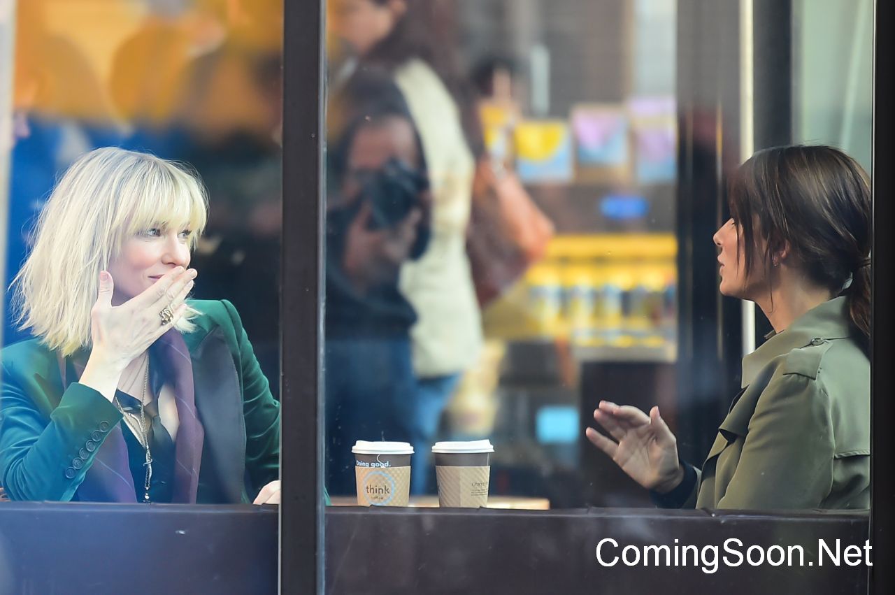 NEW YORK, NY - OCTOBER 24:  Actresses Cate Blanchett and Sandra Bullock are seen on the set of "Ocean's Eight" on October 24, 2016 in New York City.  (Photo by Raymond Hall/GC Images)