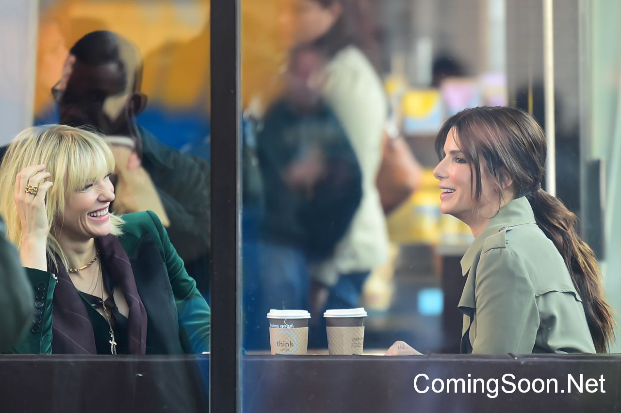 NEW YORK, NY - OCTOBER 24:  Actresses Cate Blanchett and Sandra Bullock are seen on the set of "Ocean's Eight" on October 24, 2016 in New York City.  (Photo by Raymond Hall/GC Images)