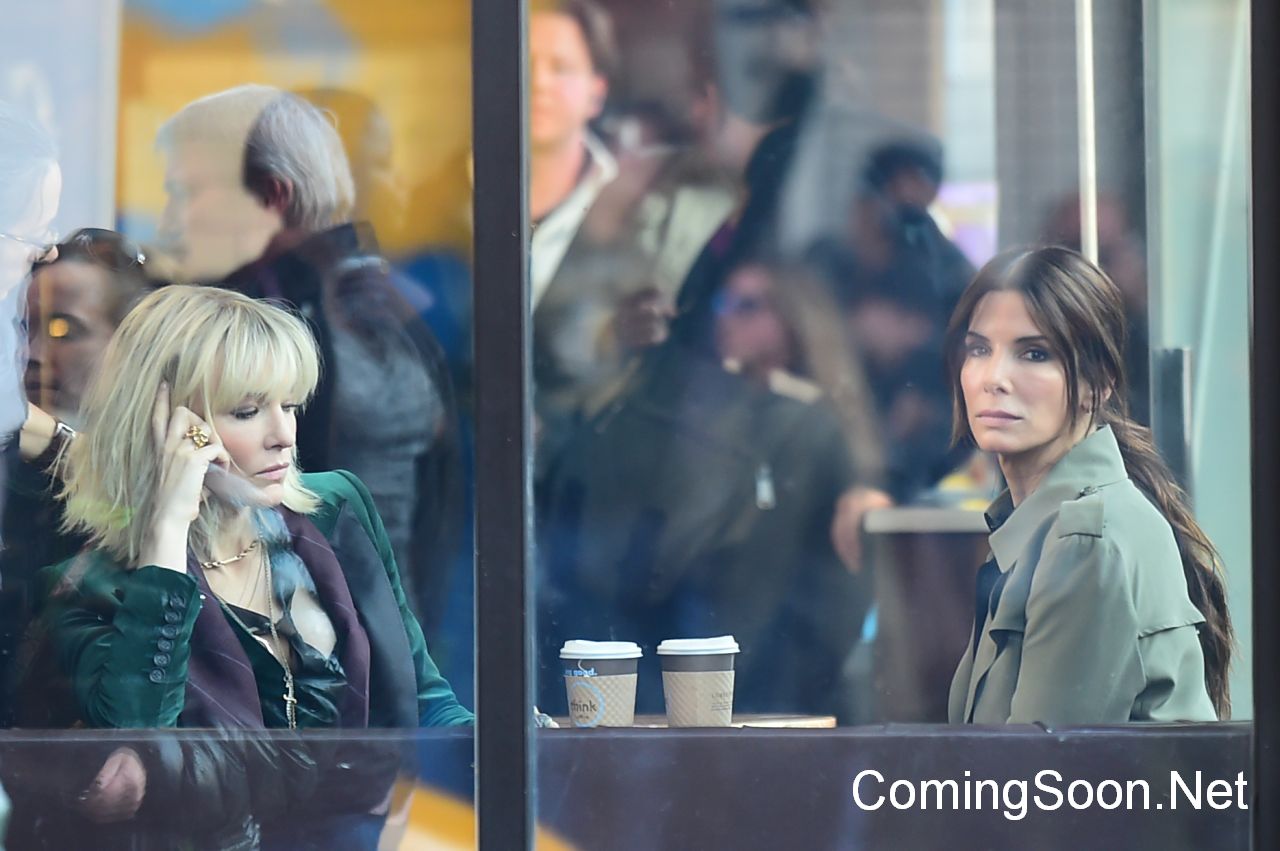 NEW YORK, NY - OCTOBER 24:  Actresses Cate Blanchett and Sandra Bullock are seen on the set of "Ocean's Eight" on October 24, 2016 in New York City.  (Photo by Raymond Hall/GC Images)