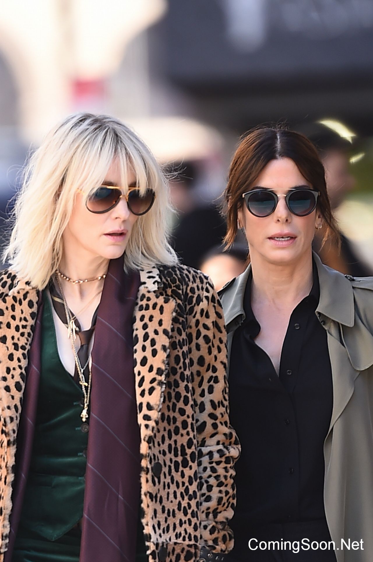 NEW YORK, NY - OCTOBER 24:  Actresses Cate Blanchett and Sandra Bullock (L) are seen on the set of "Ocean's Eight" on October 24, 2016 in New York City.  (Photo by Raymond Hall/GC Images)