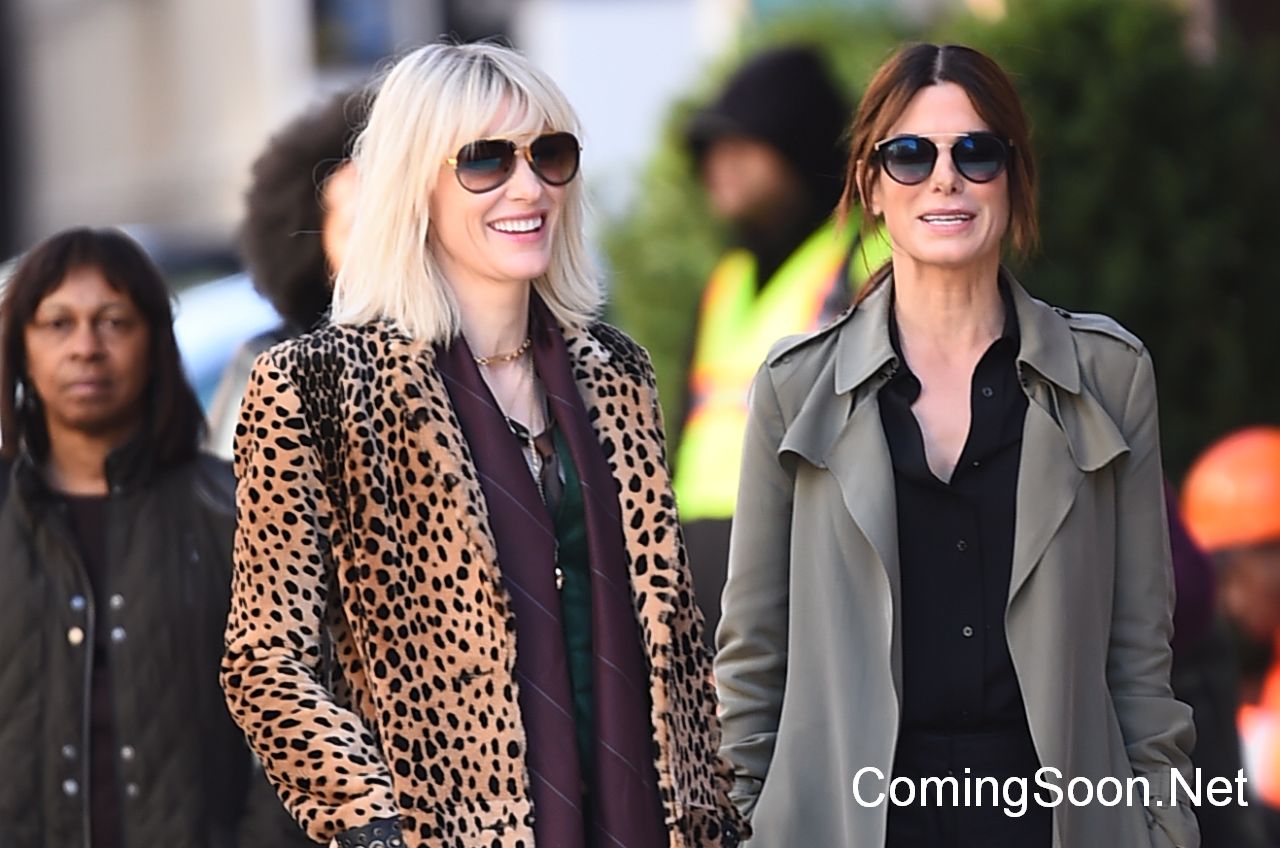NEW YORK, NY - OCTOBER 24:  Actress Sandra Bullock (R) and Cate Blanchett are seen on the set of 'Ocean's Eight' on October 24, 2016 in New York City.  (Photo by Raymond Hall/GC Images)