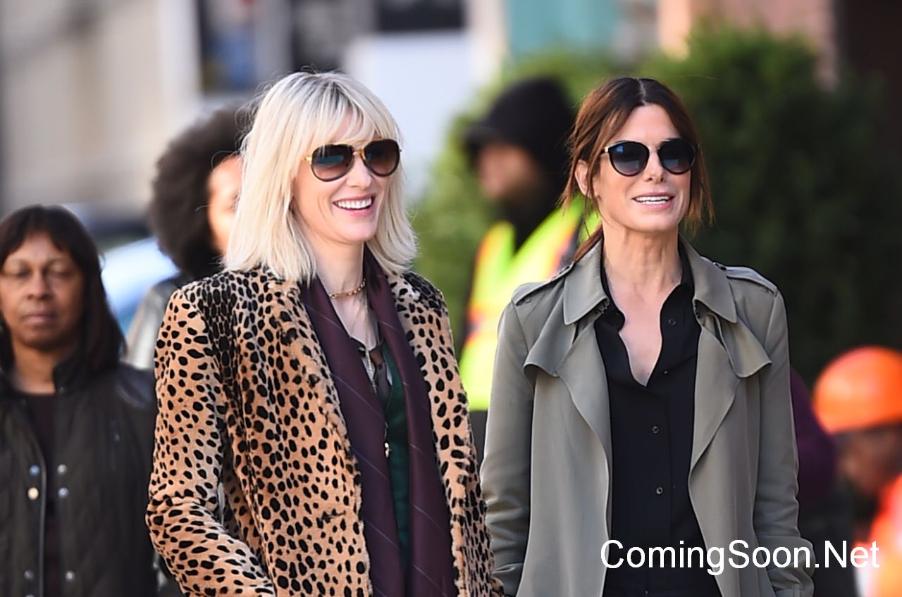 NEW YORK, NY - OCTOBER 24:  Actress Sandra Bullock (R) and Cate Blanchett are seen on the set of 'Ocean's Eight' on October 24, 2016 in New York City.  (Photo by Raymond Hall/GC Images)