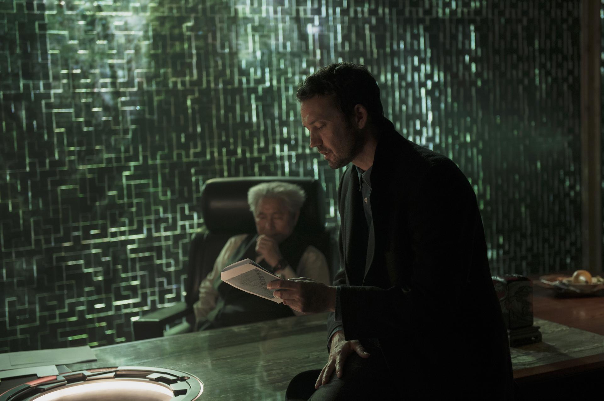 Director Rupert Sanders and "Beat" Takeshi Kitano on the set of Ghost in the Shell from Paramount Pictures and DreamWorks Pictures in theaters March 31, 2017.