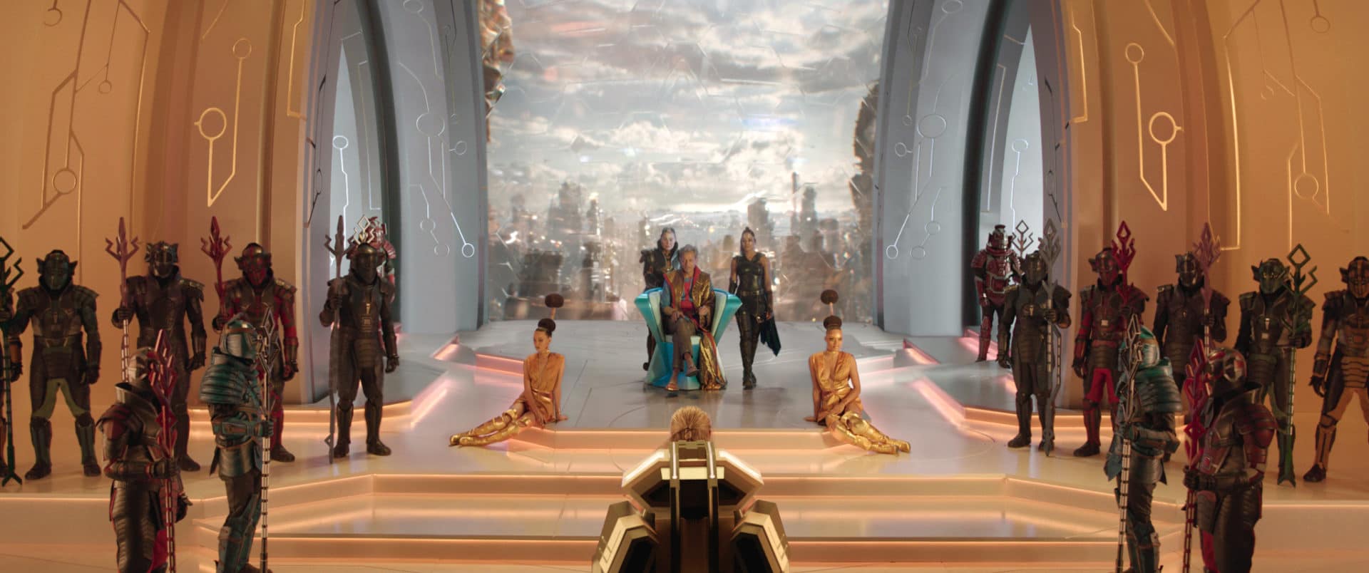 Marvel Studios' THOR: RAGNAROK..L to R: Topaz (Rachel House), The Grandmaster (Jeff Goldblum) and Valkyrie (Tessa Thompson)..Ph: Film Frame..©Marvel Studios 2017