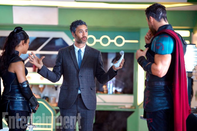 Thor: Ragnarok (2017)
L to R: On set with Tessa Thompson (Valkyrie), Director Taika Waititi and Chris Hemsworth (Thor).
