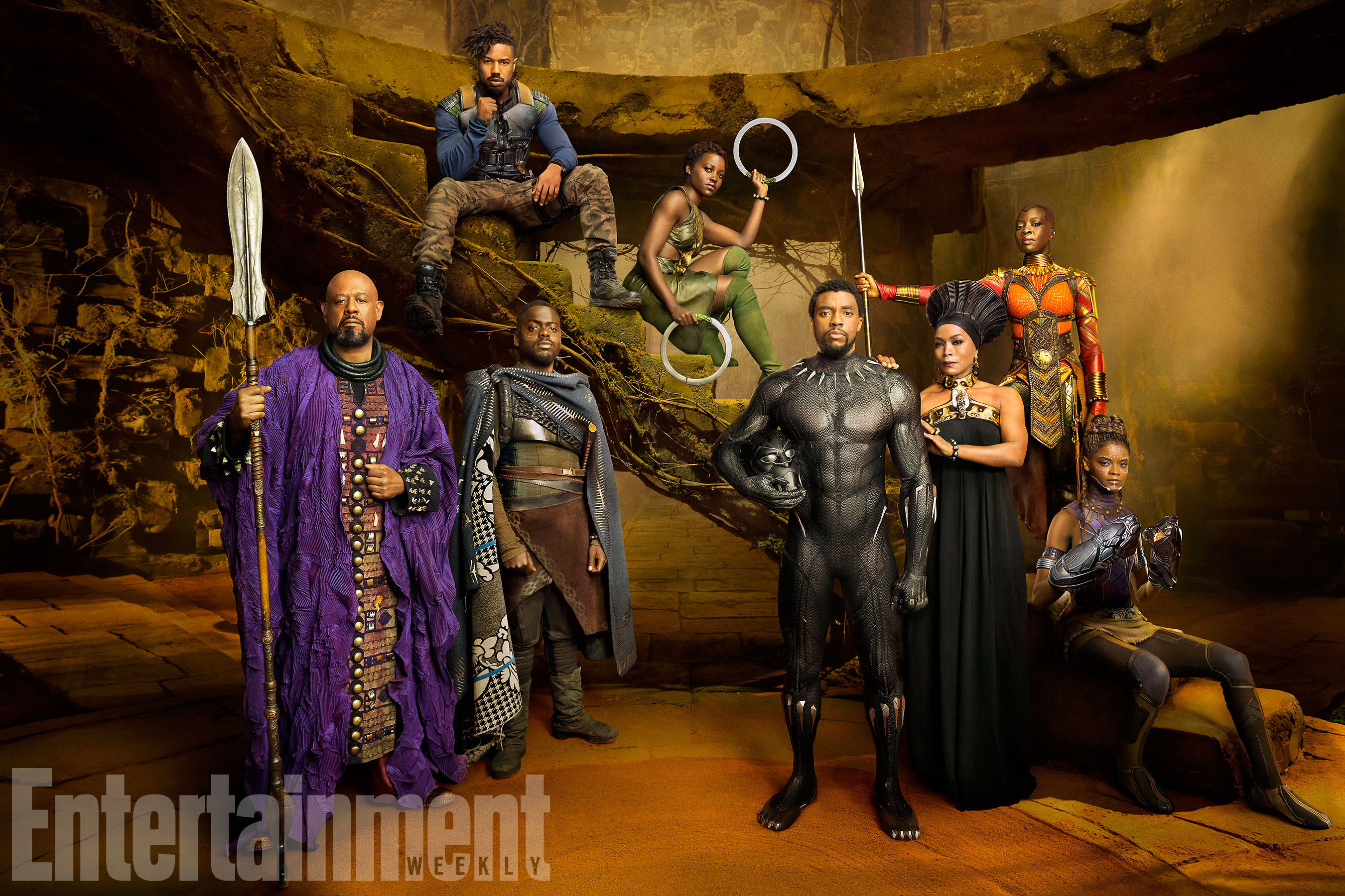 Marvel Studios' BLACK PANTHER

Forest Whitaker as Zuri, Daniel Kaluuya as W'Kabi, Michael B. Jordan as Erik Killmonger, Lupita Nyong'o as Nakia, Chadwick Boseman as Black Panther/T'Challa, Angela Bassett as Ramonda, Danai Gurira as Okoye, and Letitia Wright as Shuri photographed exclusively for Entertainment Weekly by Kwaku Alston on March 18, 2017 in Atlanta, Georgia.

Kwaku Alston © 2017 MVLFFLLC. TM &amp; © 2017 Marvel. All Rights Reserved.