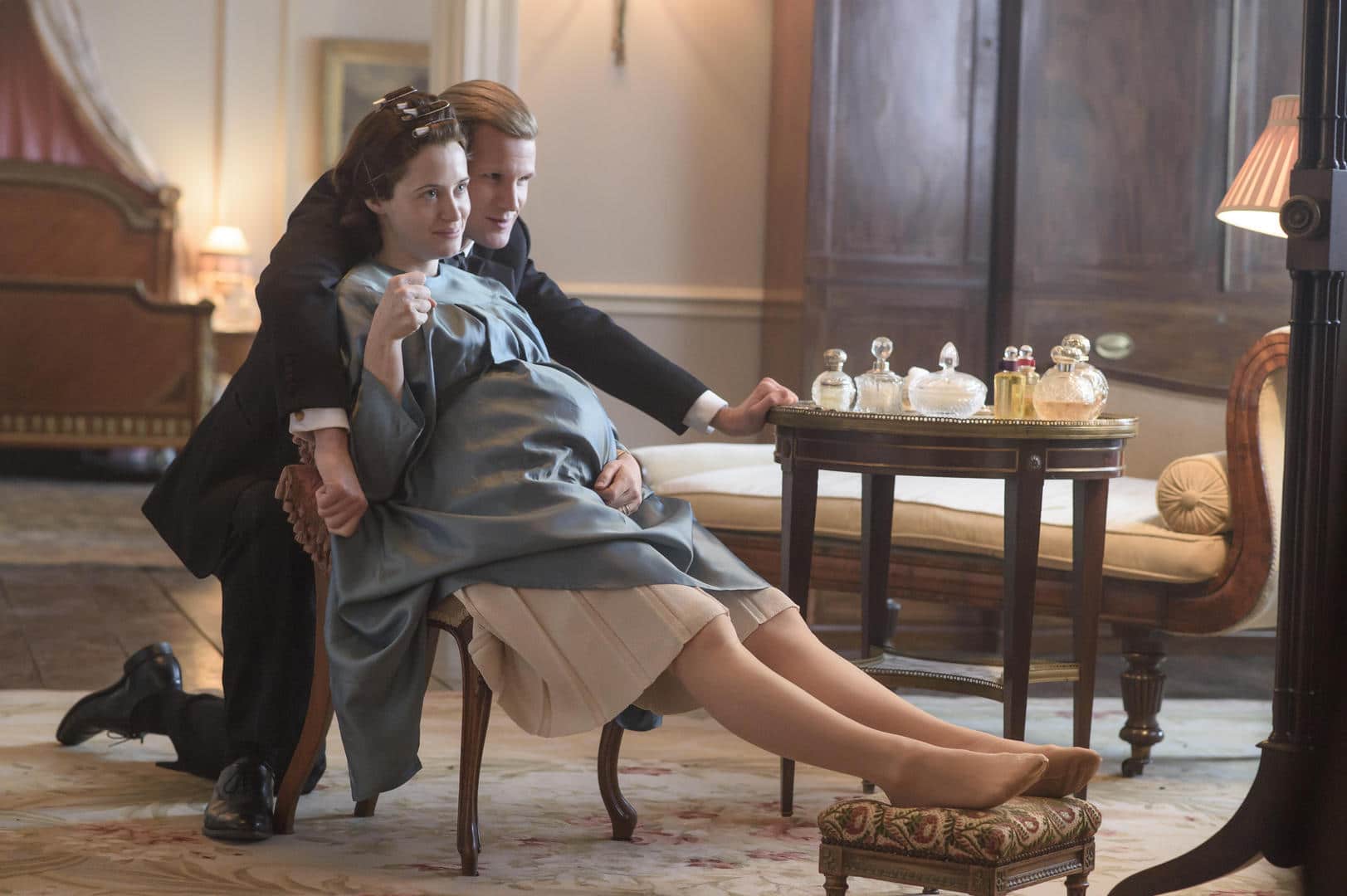 The Crown
(L to R) Prince Philip, Elizabeth
Philip and Elizabeth share an intimate moment