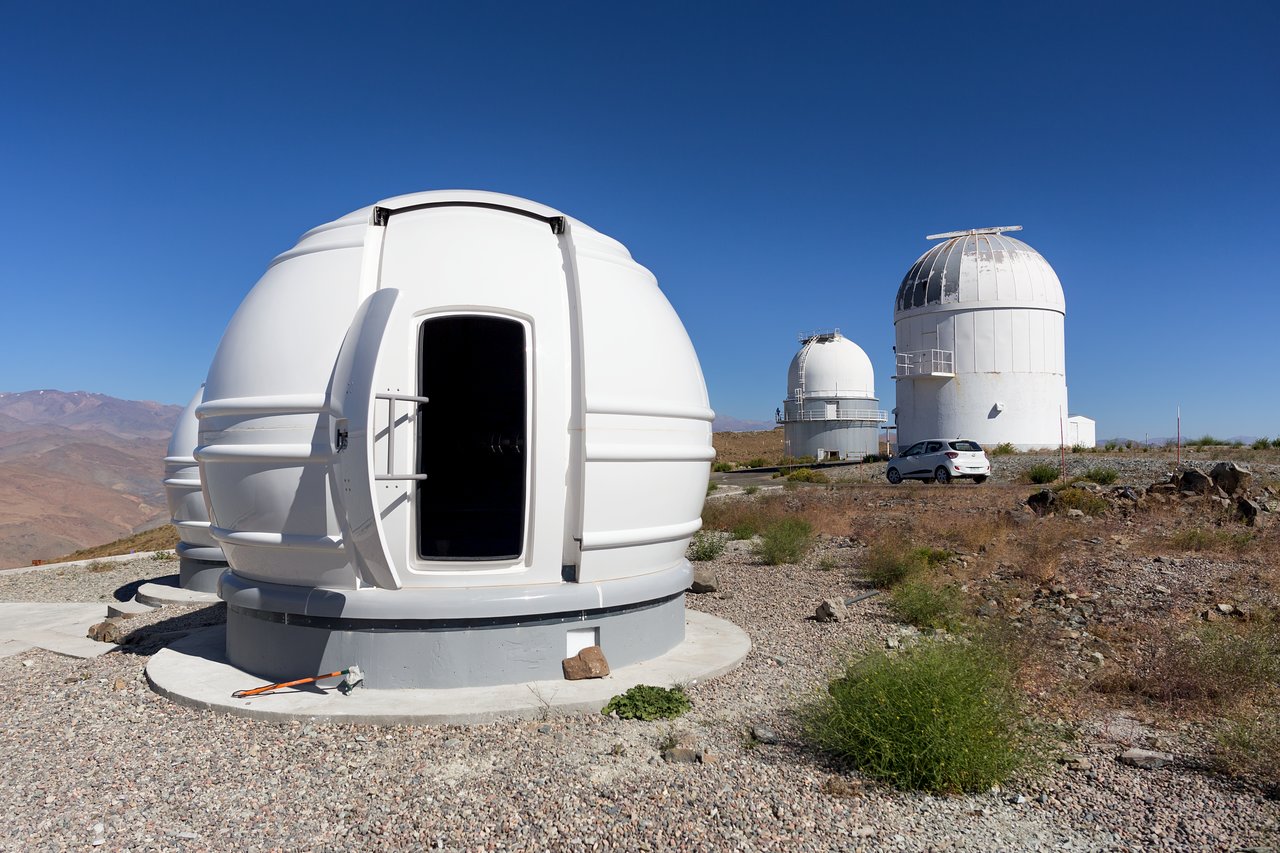 The ExTrA telescopes are sited at ESO’s La Silla Observatory in Chile. They will be used to search for and study Earth-sized planets orbiting nearby red dwarf stars. ExTrA’s novel design allows for much improved sensitivity compared to previous searches. This view shows one of the three ExTrA domes with its access door open.