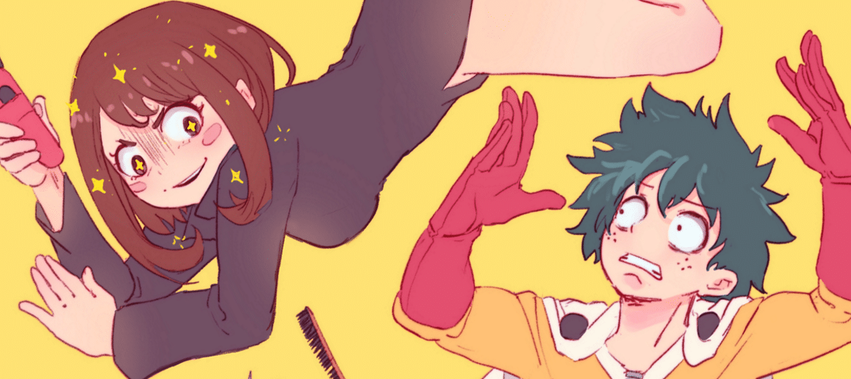 Artista faz crossover de Deku e Uraraka, de My Hero Academia, com animes e cultura pop