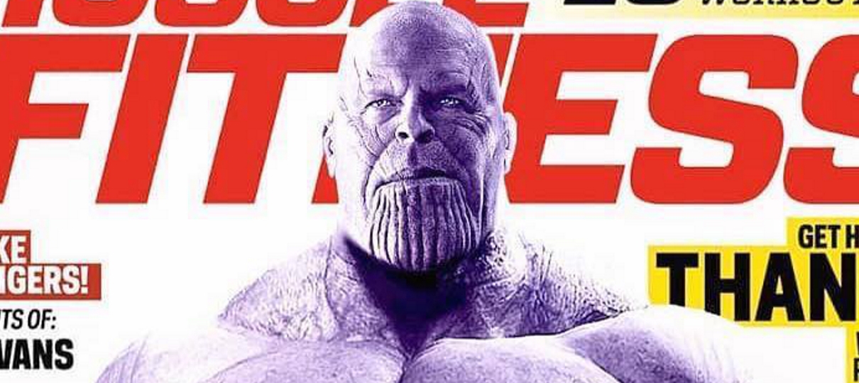 Thanos estrela capa de revista de musculação em montagem