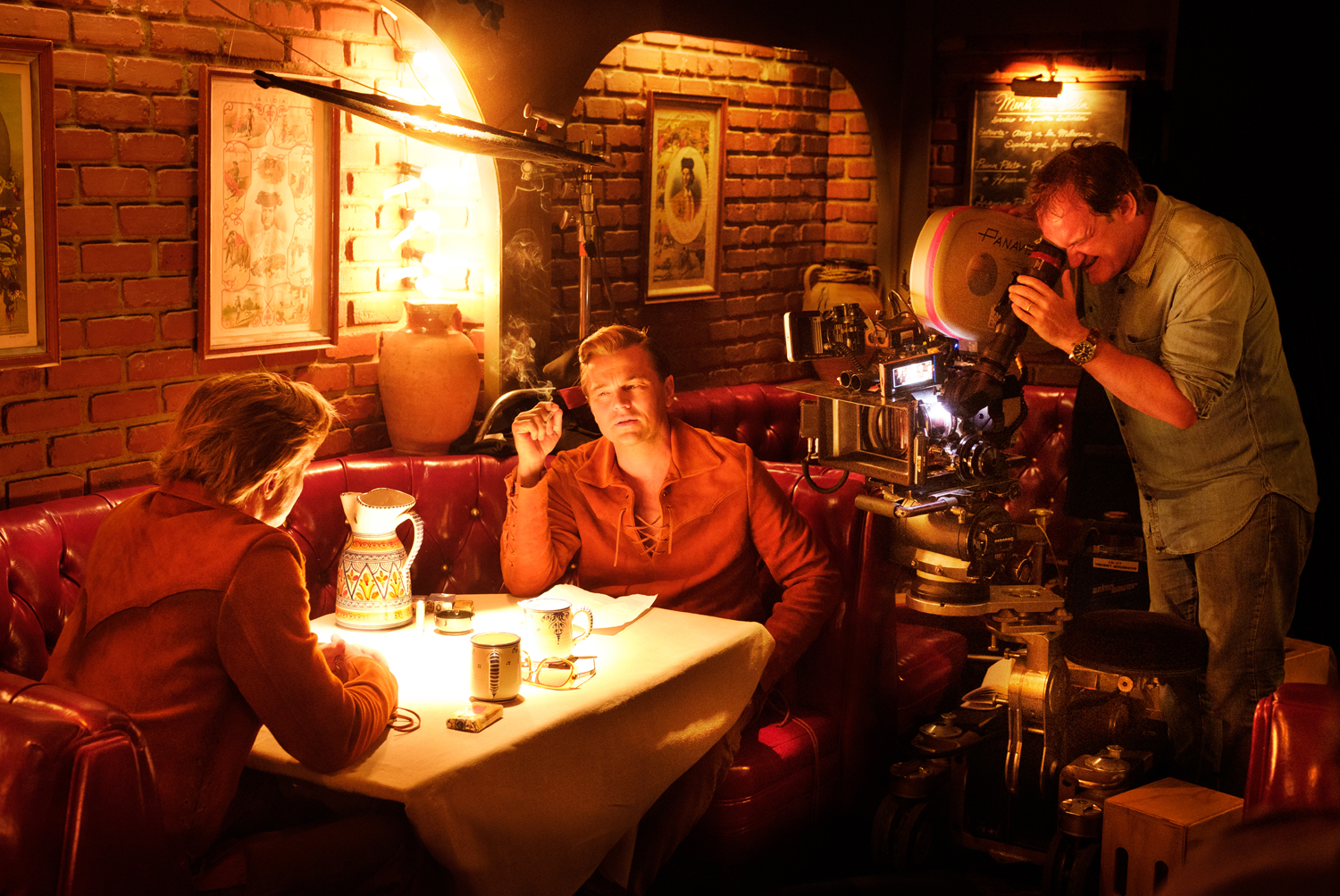 Quentin Tarantino, Leonardo DiCaprio and Brad Pitt on the set of  ONCE UPON A TIME IN HOLLYWOOD.
