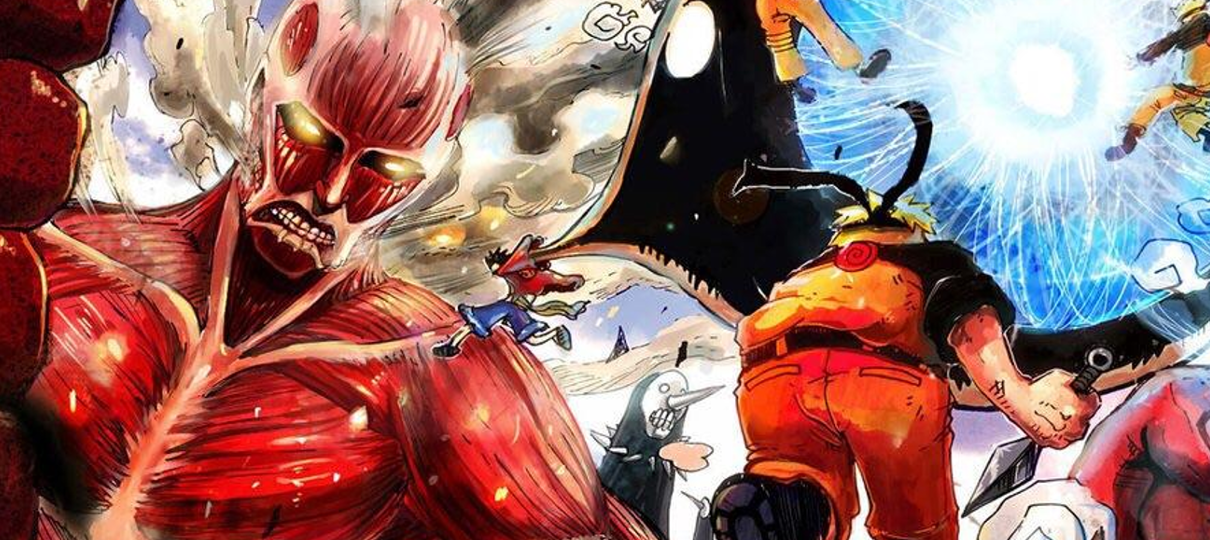 Fã cria arte misturando universos de Naruto, One Piece e Attack on Titan