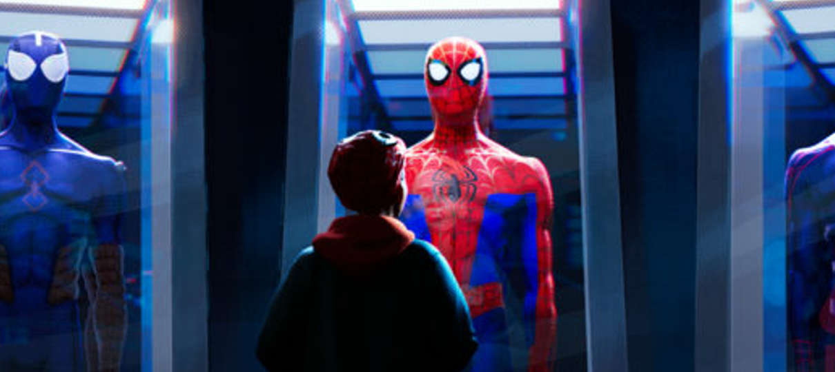 Miles Morales fica diante de vários trajes do Homem-Aranha em nova foto de Aranhaverso