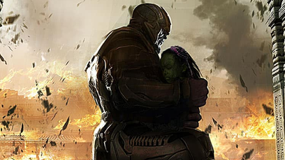 Thanos e Gamora se abraçam em arte de Vingadores: Guerra Infinita
