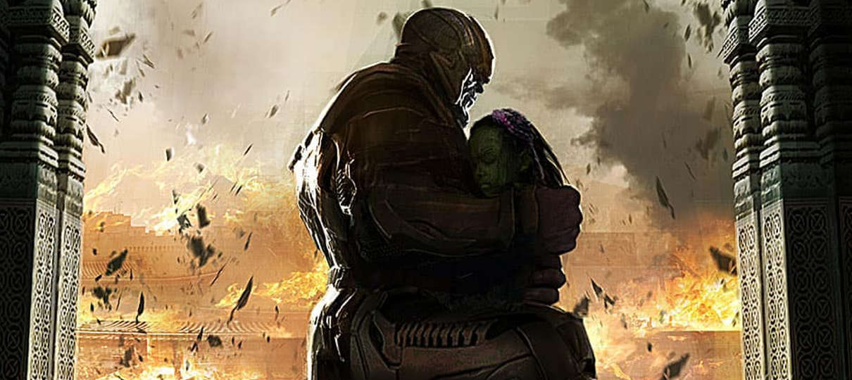 Thanos e Gamora se abraçam em arte de Vingadores: Guerra Infinita