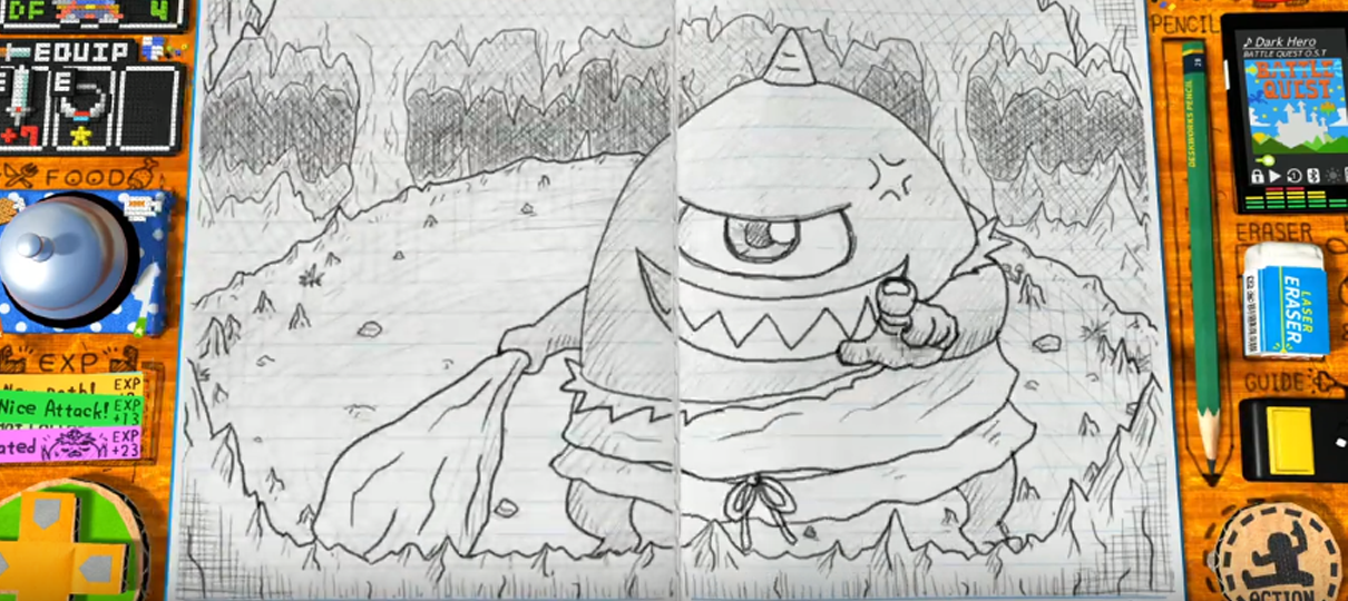 RPG Time: The Legend of Wright é uma aventura com visual desenhado a lápis
