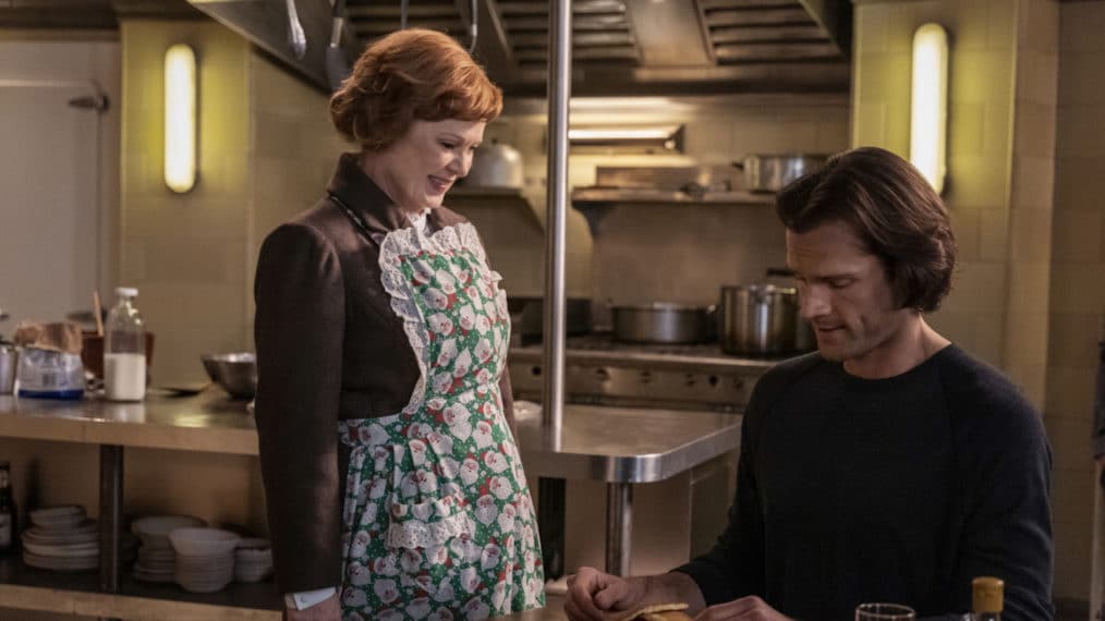 Supernatural -- "Last Holiday" -- Image Number: SN1514A_0163r.jpg -- Pictured (L-R): Meagen Fay as Mrs. Butters and Jared Padalecki as Sam -- Photo: Colin Bentley/The CW --  2020 The CW Network, LLC. All Rights Reserved.