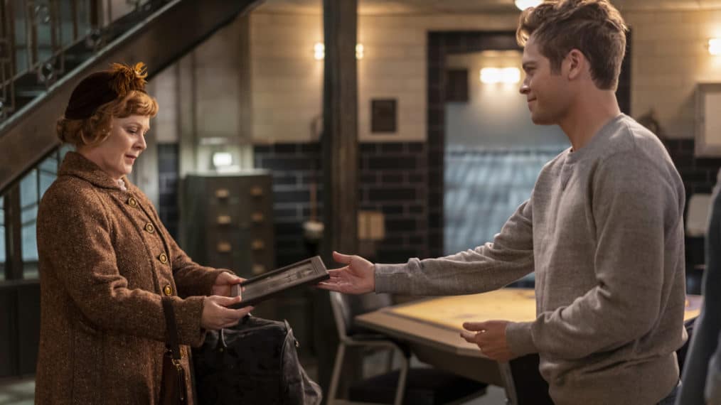 Supernatural -- "Last Holiday" -- Image Number: SN1514A_0591r.jpg -- Pictured (L-R): Meagen Fay as Mrs. Butters and Alexander Calvert as Jack -- Photo: Colin Bentley/The CW --  2020 The CW Network, LLC. All Rights Reserved.