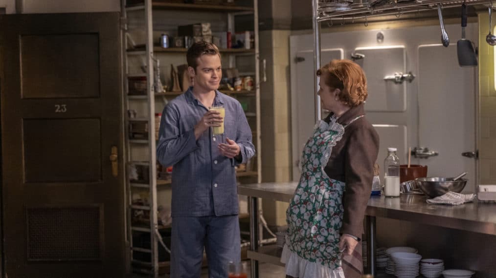 Supernatural -- "Last Holiday" -- Image Number: SN1514A_0090r.jpg -- Pictured (L-R): Alexander Calvert as Jack and Meagen Fay as Mrs. Butters -- Photo: Colin Bentley/The CW --  2020 The CW Network, LLC. All Rights Reserved.
