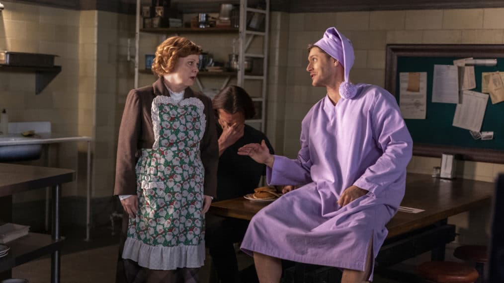 Supernatural -- "Last Holiday" -- Image Number: SN1514A_0390r.jpg -- Pictured (L-R): Meagen Fay as Mrs. Butters, Jared Padalecki as Sam and Jensen Ackles as Dean -- Photo: Colin Bentley/The CW --  2020 The CW Network, LLC. All Rights Reserved.