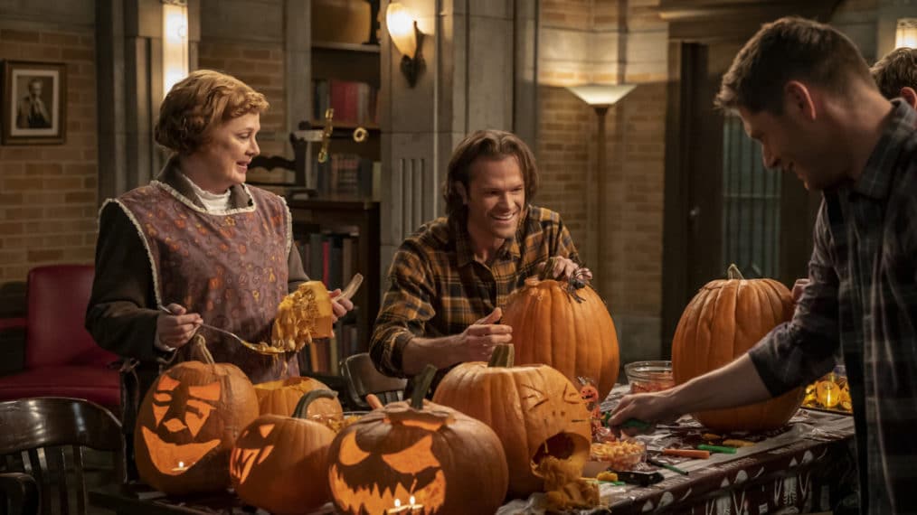 Supernatural -- "Last Holiday" -- Image Number: SN1514B_0108r.jpg -- Pictured (L-R): Meagen Fay as Mrs. Butters, Jared Padalecki as Sam and Jensen Ackles as Dean -- Photo: Colin Bentley/The CW --  2020 The CW Network, LLC. All Rights Reserved.