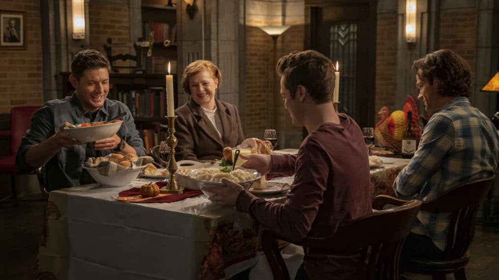 Supernatural -- "Last Holiday" -- Image Number: SN1514B_0057r.jpg -- Pictured (L-R): Jensen Ackles as Dean, Meagen Fay as Mrs. Butters, Alexander Calvert as Jack and Jared Padalecki as Sam -- Photo: Colin Bentley/The CW --  2020 The CW Network, LLC. All Rights Reserved.