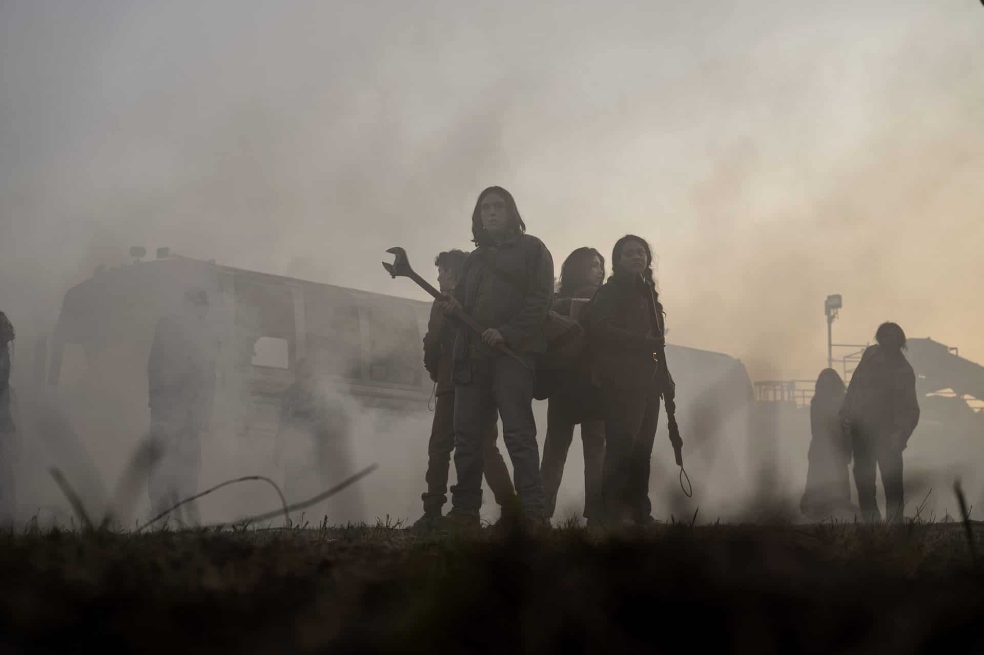 Alexa Mansour as Hope, Aliyah Royale as Iris, Hal Cumpston as Silas, Nicolas Cantu as Elton - TWD3 _ Season 1 - Photo Credit: Jojo Whilden/AMC