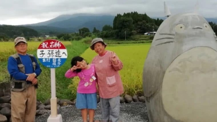 Casal de idosos constrói escultura gigante do Totoro em ponto de ônibus