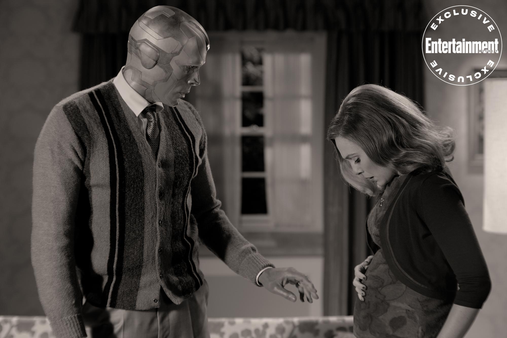 Paul Bettany as Vision and Elizabeth Olsen as Wanda Maximoff in Marvel Studios' WANDAVISION. Photo courtesy of Marvel Studios. ©Marvel Studios 2020. All Rights Reserved.