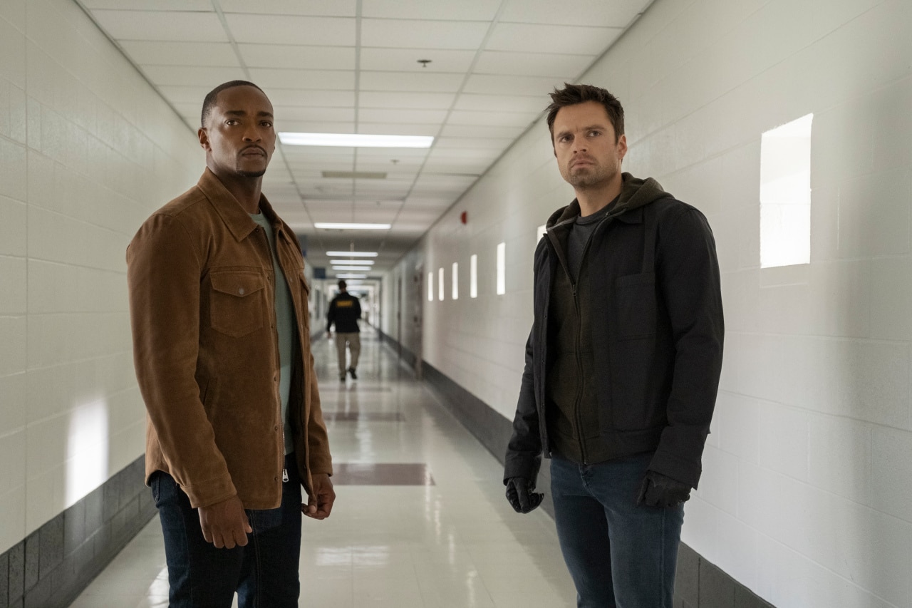 (L-R): Falcon/Sam Wilson (Anthony Mackie) and Winter Soldier/Bucky Barnes (Sebastian Stan) in Marvel Studios' THE FALCON AND THE WINTER SOLDIER exclusively on Disney+. Photo by Chuck Zlotnick. ©Marvel Studios 2020. All Rights Reserved.