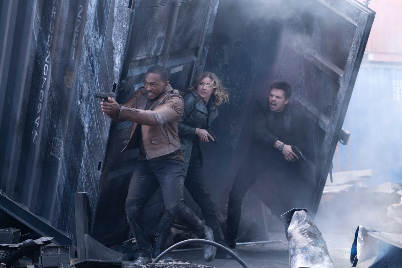 (L-R): Falcon/Sam Wilson (Anthony Mackie), Sharon Carter/Agent 13 (Emily Van Camp) and Winter Soldier/Bucky Barnes (Sebastian Stan) in Marvel Studios' THE FALCON AND THE WINTER SOLDIER exclusively on Disney+. Photo by Chuck Zlotnick. ©Marvel Studios 2021. All Rights Reserved.