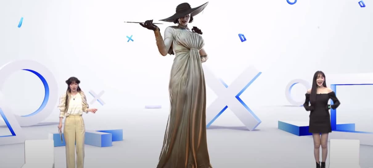 Imagem mostra Lady Dimitrescu, de Resident Evil Village, ao lado de pessoas reais