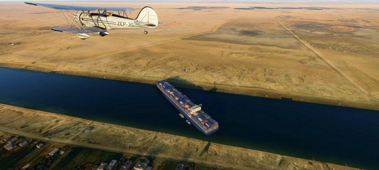 Navio ficou encalhado no Canal de Suez até em mod do Microsoft Flight Simulator