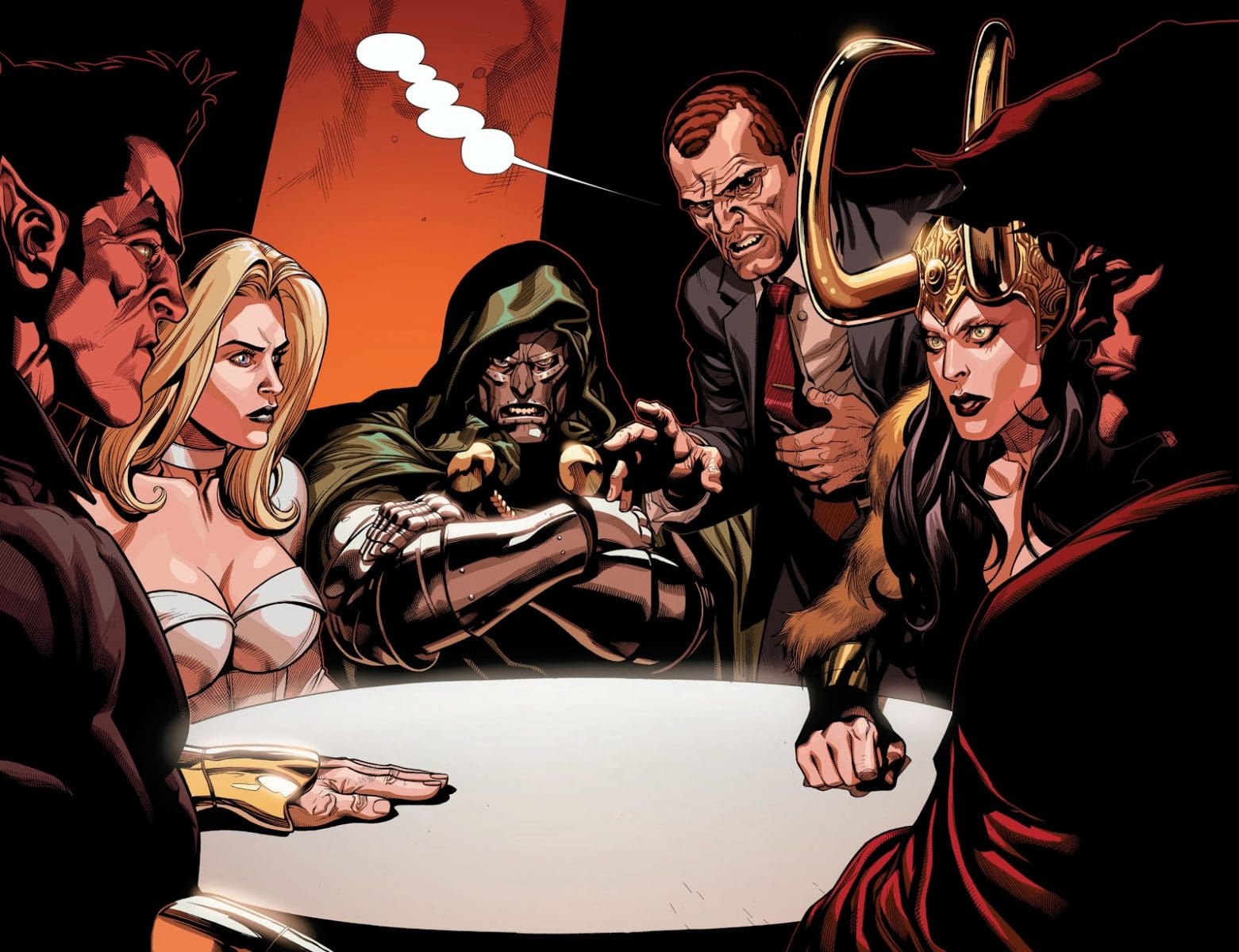 Namor, Emma Frost, Doutor Destino, Norman Osbourn e Capuz em uma reunião da Cabala (Divulgação/Marvel)