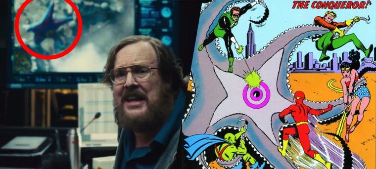 Montagem com Starro no filme e nas HQs (Divulgação/DC Comics)