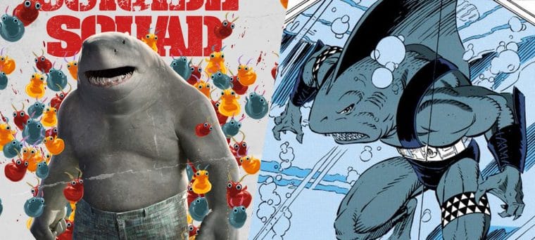 Montagem com Tubarão Rei no filme e nas HQs (Divulgação/DC Comics)