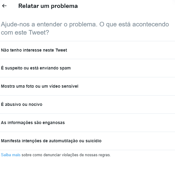 Página de denúncia do Twitter