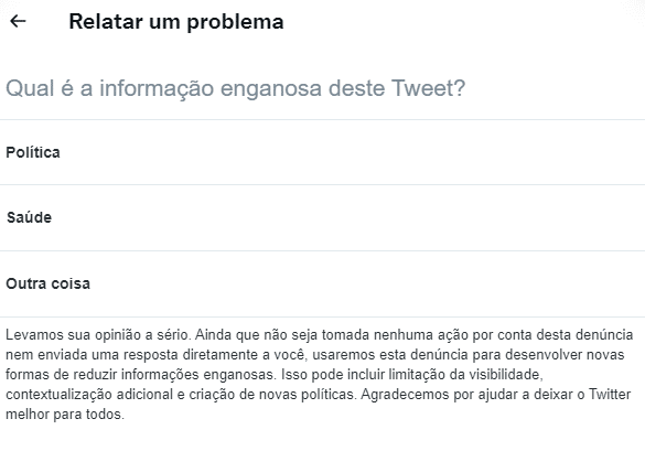 Página de denúncia do Twitter