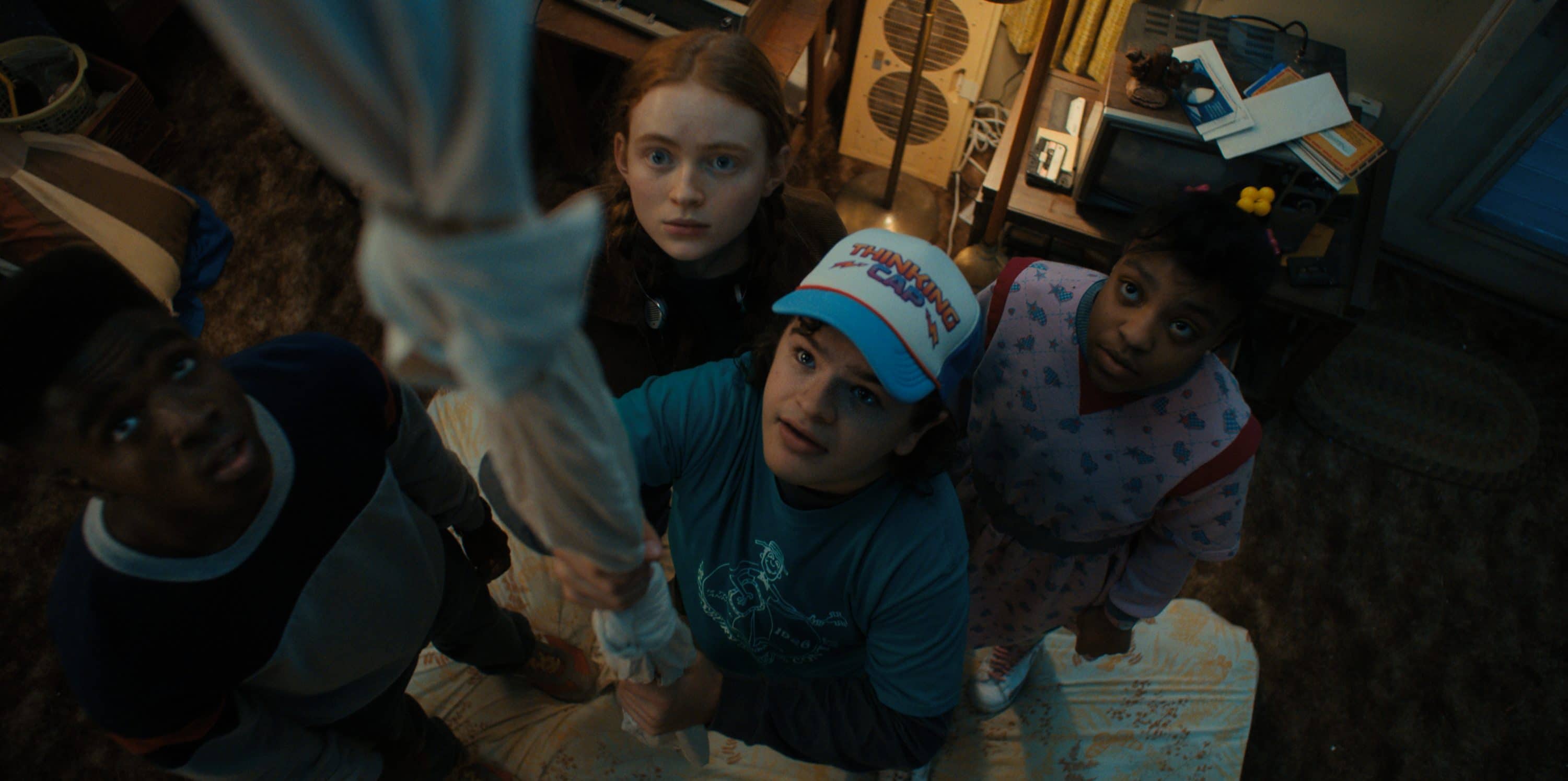 STRANGER THINGS. (L to R) Caleb McLaughlin as Lucas Sinclair, Sadie Sink as Max Mayfield, Gaten Matarazzo as Dustin Henderson, and Priah Ferguson as Erica Sinclair in STRANGER THINGS. Cr. Courtesy of Netflix  © 2022