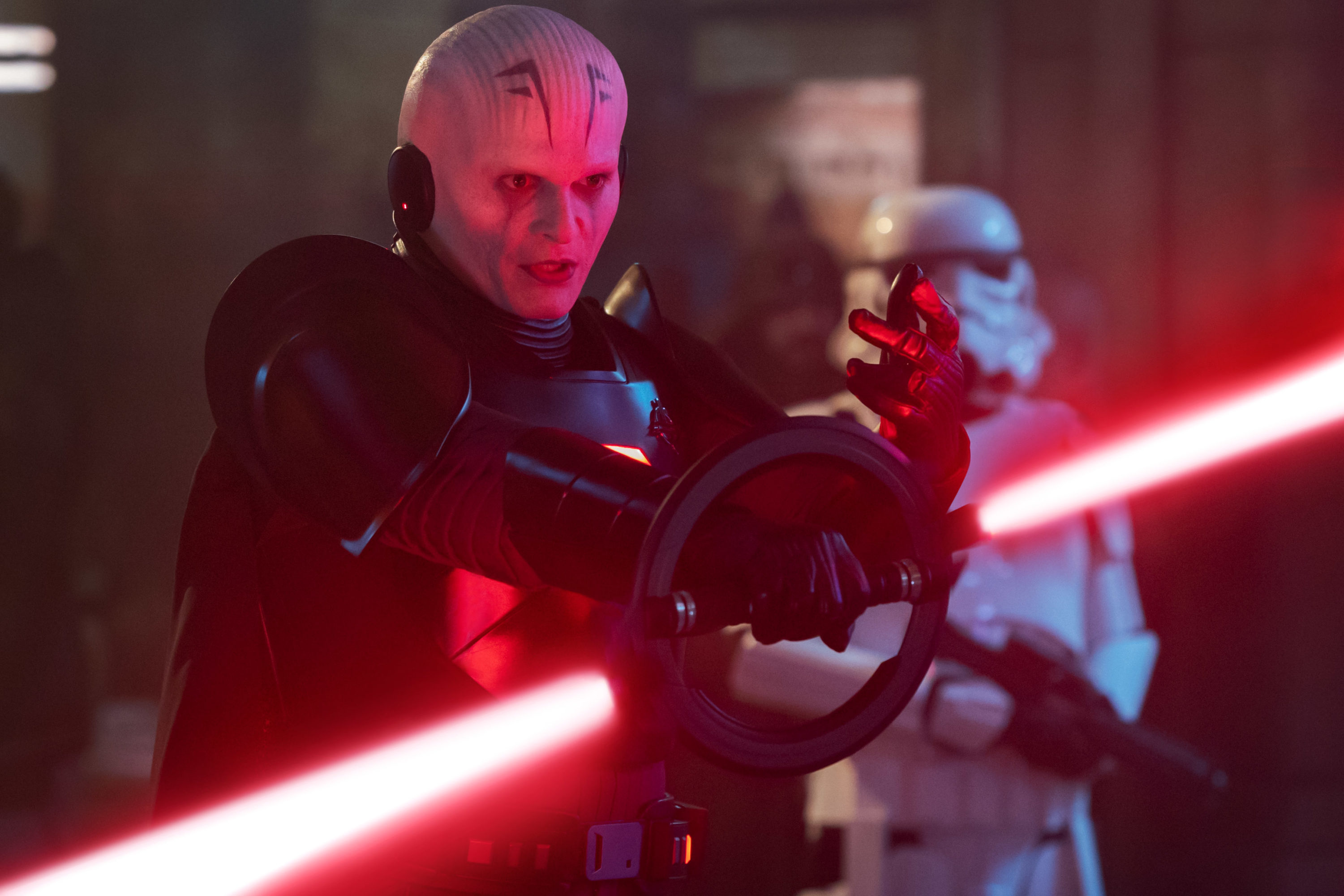 (L-R): Grand Inquisitor (Rupert Friend) and a Stormtrooper in a scene from Lucasfilm's OBI-WAN KENOBI, exclusively on Disney+. © 2022 Lucasfilm Ltd. &amp; ™. All Rights Reserved.