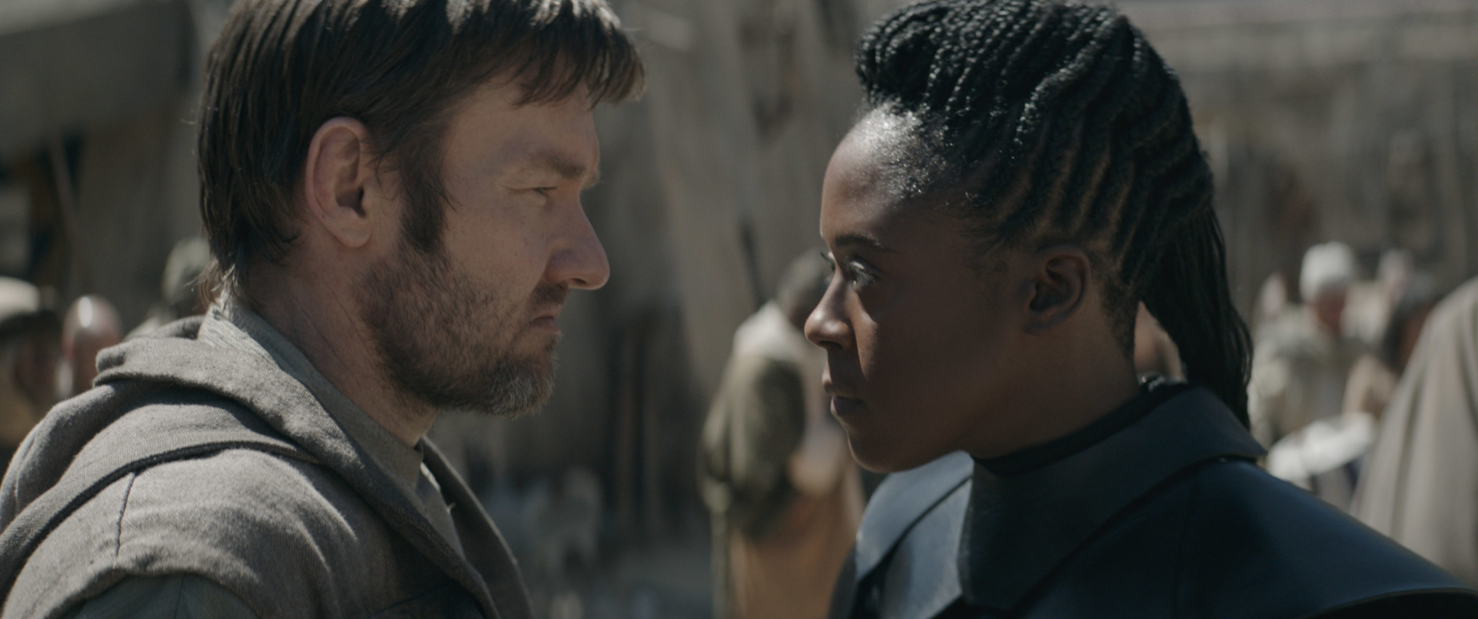 (L-R): Owen Lars (Joel Edgerton) and Reva (Moses Ingram) in Lucasfilm's OBI-WAN KENOBI, exclusively on Disney+. © 2022 Lucasfilm Ltd. &amp; ™. All Rights Reserved.