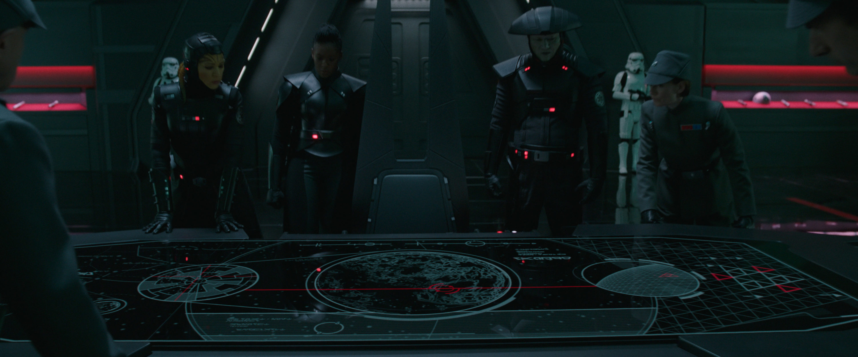 (L-R): Fourth Sister (Rya Kihlstedt), Reva (Moses Ingram), Fifth Brother (Sung Kang) and Imperial captain (Indira Varma) in Lucasfilm's OBI-WAN KENOBI, exclusively on Disney+. © 2022 Lucasfilm Ltd. &amp; ™. All Rights Reserved.