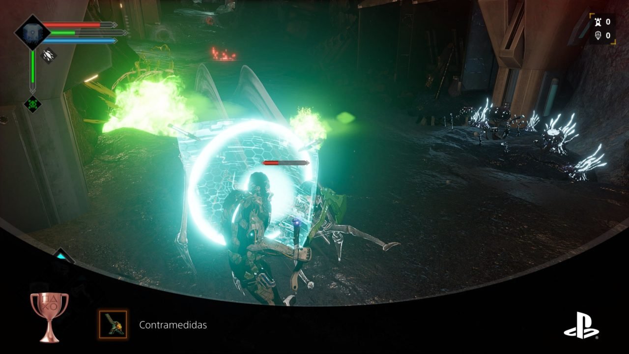 Imagem de um personagem do jogo Dolmen usando um escudo